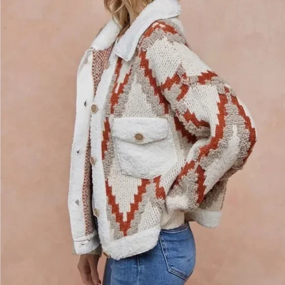 #48 Orange cream Tribal Aztec Bohemian fluffy pocket button teddy shacket coat - Picture 5 of 7